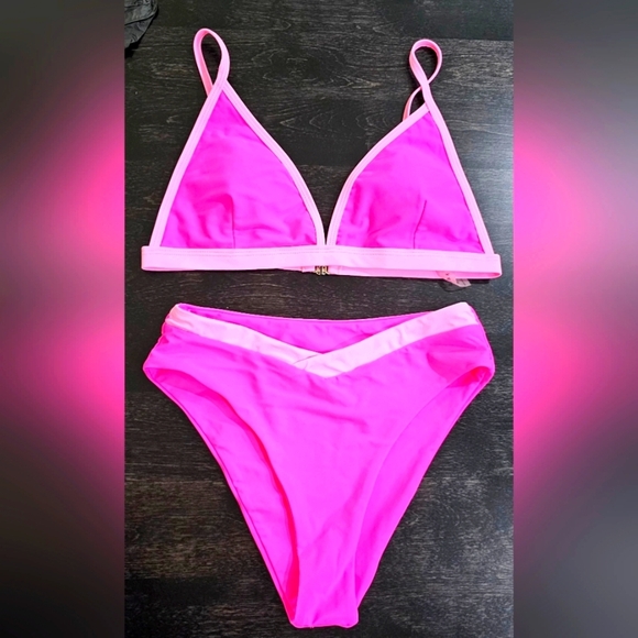 2.🆕Neon Pink Triangle High Cut Bikini Set –Criss Cross High Waisted Bottom NWOT - Picture 2 of 3